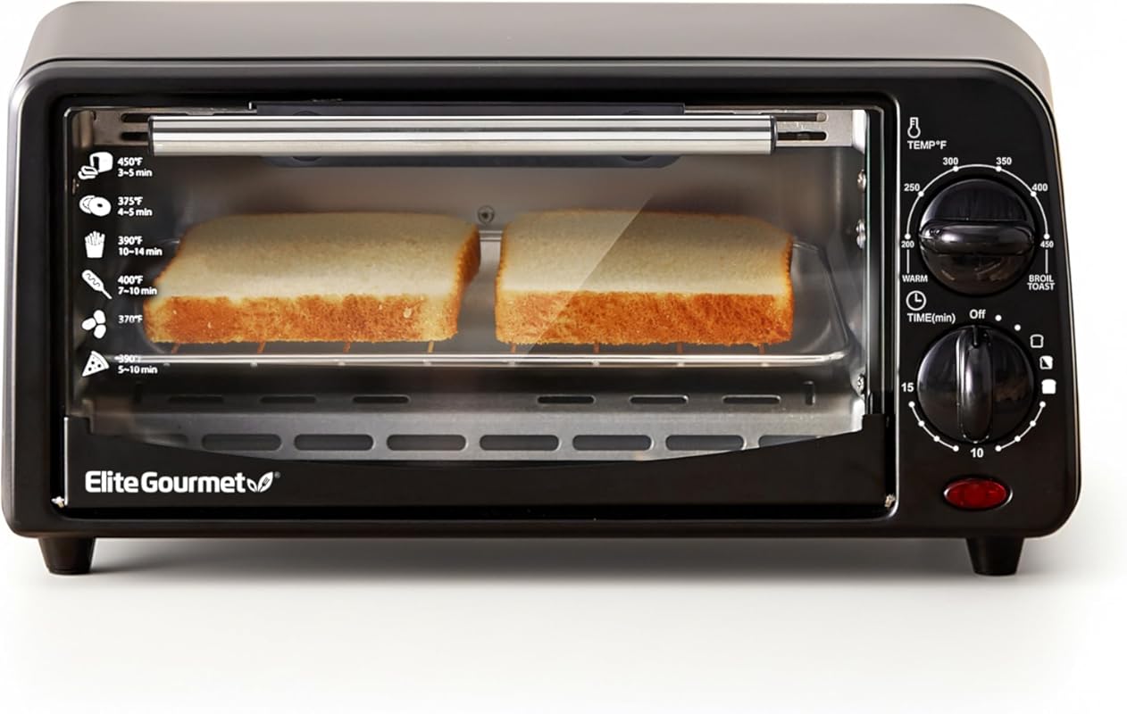 Elite Gourmet Compact 2-Slice Toaster Oven, Black, with Bake, Broil, a
