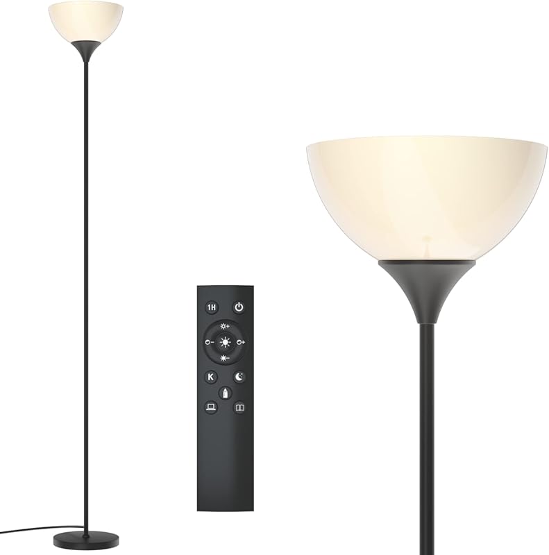 PESRAE Matte Black Torchiere Floor Lamp, Stepless Dimmable Color & Bri