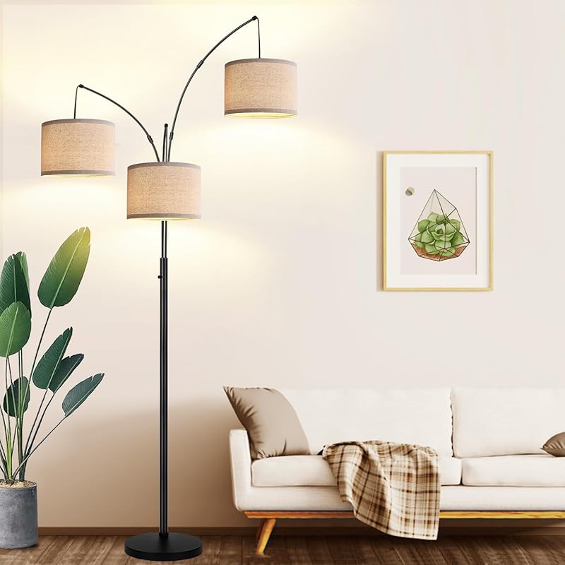 1000LM Dimmable 3-Light Arc Floor Lamp with Beige Shades, Heavy Base, 