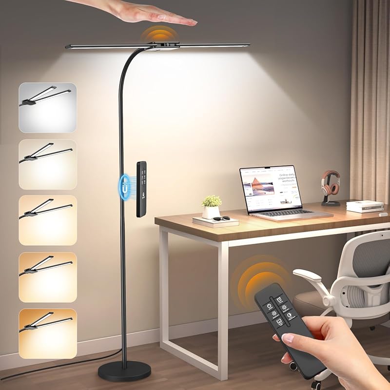 Syrinx 14W LED Floor Lamp with Gesture & Remote, Dual Head Gooseneck,
