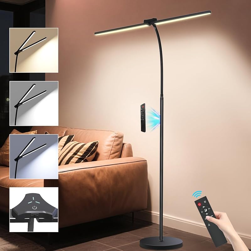 24W Dual Head LED Floor Lamp with Remote, Ultra Bright 2400LM Task Lig