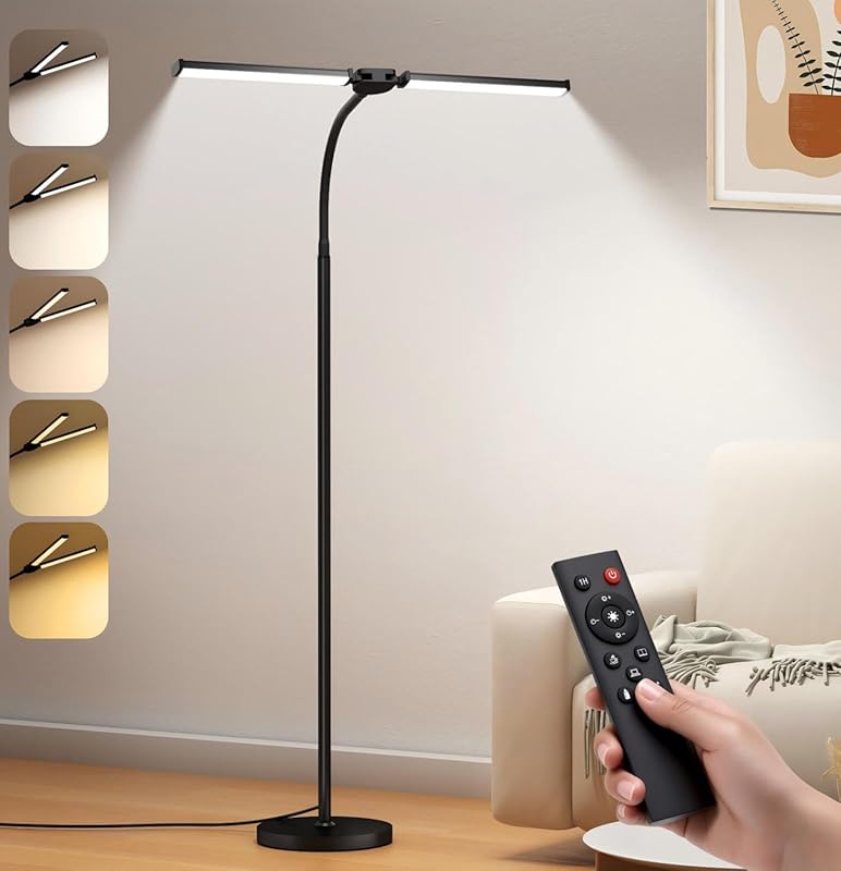 Dual Head Gooseneck LED Floor Lamp with Adjustable Color & Brightness,